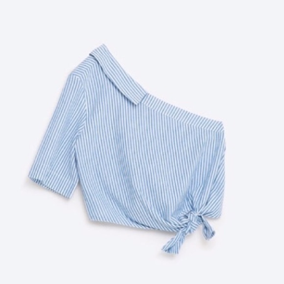 ZARA TRF Blue/White One Shoulder Crop Top - Picture 3 of 8
